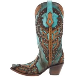 Corral Women's Tan Embroidery-Turquoise Overlay 13 In Top Snip Toe Boot -Western Cowboy Equipment C3943 03